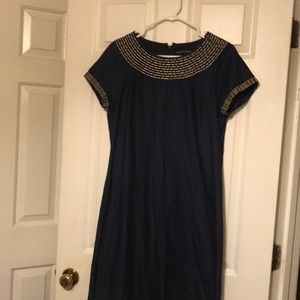 Blue Jean dress accented with gold stitching